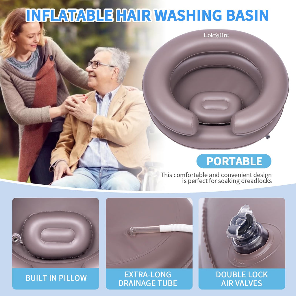 Portable Inflatable Hair Washing Basin for Bedridden - Wash Hair in Bed with Inflatable Shampoo Bowl.For Elderly,Disabled,Injured,Ideal Inflatable Sink for Locs Detox (Brown, 18in Inner)