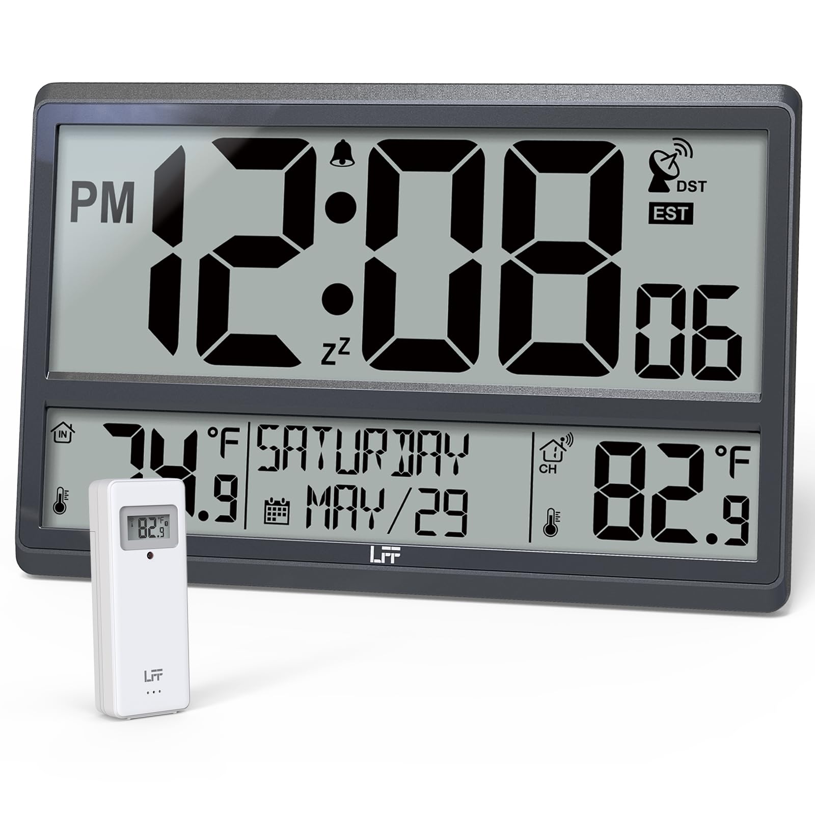 Atomic Clock/Never Needs Setting, Battery Operated, Atomic Wall Clock with Indoor Temperature & Humidity, Wireless Outdoor Sensor, Large Display Digital Calendar Clock for Elderly, Office, Bedroom