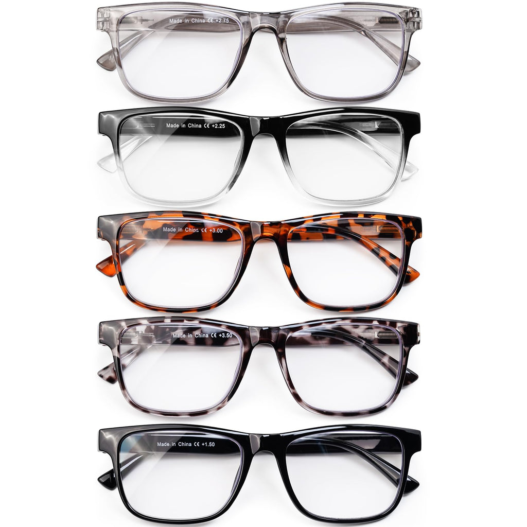 DAMIDEO 5 Pack Blue Light Blocking Oversize Reading Glasses Men Large Head Wide Frame 3.5 Readers Lightweight Eyeglasses