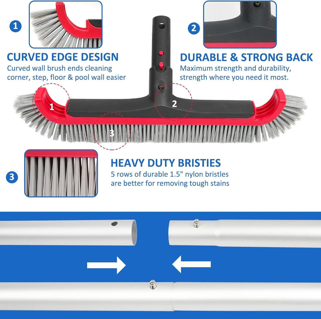 Swimming Pool Brush with Pole - 17.5" Wall Brush with 10FT Adjustable Aluminum Pole, Nylon Bristles, Curved Ends, EZ Clip Handle, Pool Brush for Cleaning Walls, Tiles & Floors
