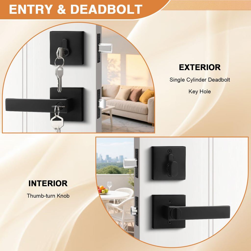 Probrico Flat Black Entry Levers Lock Sets and Single Cylinder Deadbolts Keyed Alike Combination Set, Heavy Duty Square Entry Door Locksets Front Door Bedroom Entrance Handles, 1 Pack(All Same Keys)