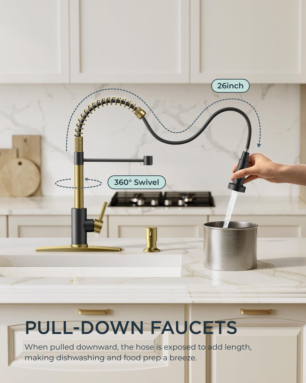FORIOUS Kitchen Faucet with Pull Down Sprayer, Stainless Steel Commercial Single Handle Classic Spring Pull Out Sink Faucet for Pot Filler, Farmhouse Camper Bar Laundry Room, Black Gold