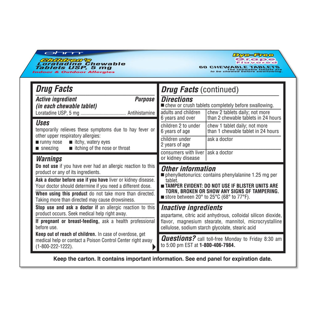 Ohm Children's Allergy Medicine, Loratadine 5mg, Chewable Tablets (60 Count) Grape Flavor, Non-Drowsy Antihistamine, 24-Hour Allergy Relief for Runny Nose, Watery Eyes, Itchy Throat & Nose