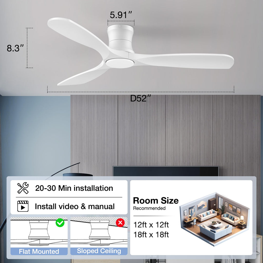 52” Smart Wood Ceiling Fans with Lights,Low Profile Flush Mount Ceiling Fan with Remote Alexa App Control,3 White Blades,Outdoor Indoor Use for Modern Bedroom Patio,Dimmable LED,6-speed,Quiet DC Motor