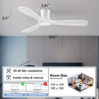 52” Smart Wood Ceiling Fans with Lights,Low Profile Flush Mount Ceiling Fan with Remote Alexa App Control,3 White Blades,Outdoor Indoor Use for Modern Bedroom Patio,Dimmable LED,6-speed,Quiet DC Motor
