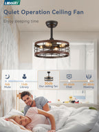 LEDIARY 16.5in Caged Ceiling Fan with Light, Bladeless Industrial Ceiling Fan with Remote, Rustic Metal Fan Lights Ceiling Fixtures for Kitchen, Farmhouse, Bedroom（6 Speed,1/2/4/8h Timing）-Walnut