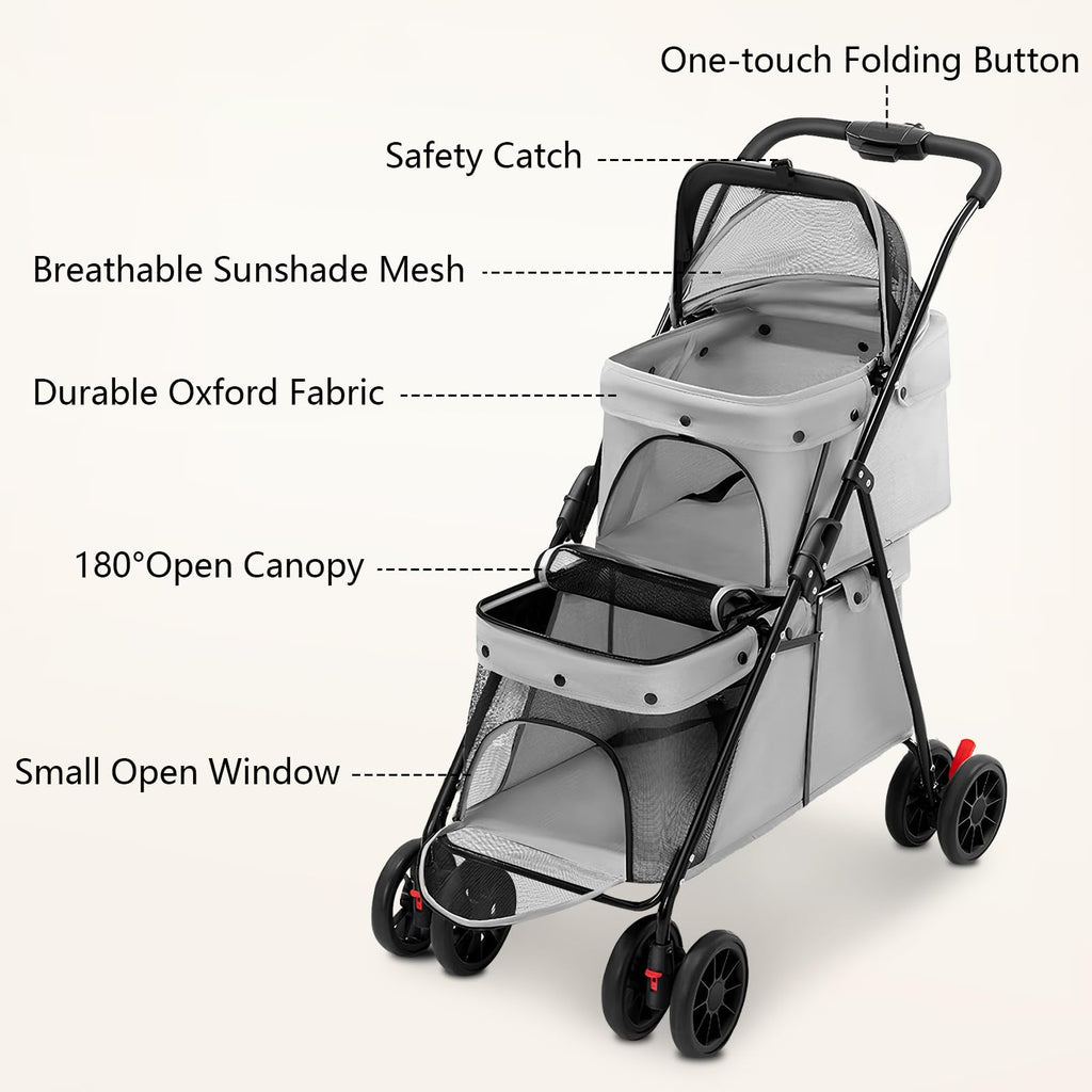 Double Pet Stroller for Medium Small Dogs and Cats with 2 Carriage, Durable Universal Wheels with Brakes Lightweight One Hand Foldale Kittens Puppies Travel Strolling Cart (Gray)