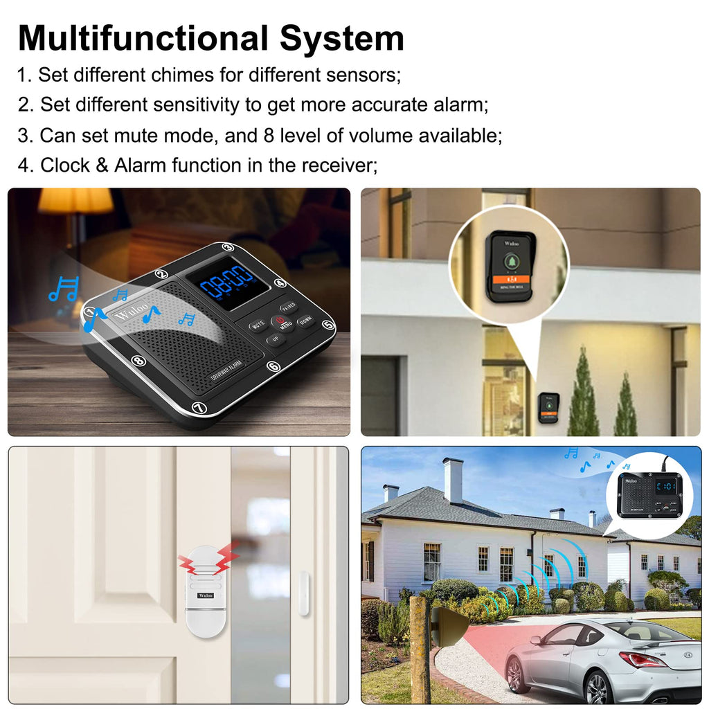 Wireless Alarm System for Home Security Expandable - 6-Piece Kit Include Doorbell, Door Alarm, and Solar Driveway Alarm - Chime/Sensitivity Adjustable NO Wi-Fi NO Monthly Fee With Rechargeable Battery