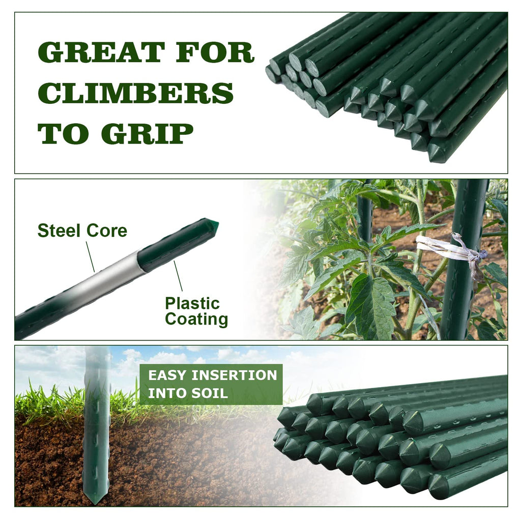 Jollybower 25pcs Steel Plant Stakes 4.8 Feet,Sturdy Plant Sticks, Plastic Coated Metal Garden Stakes Supports Climbing for Tomato, Bean, Flowers, Tree Potted