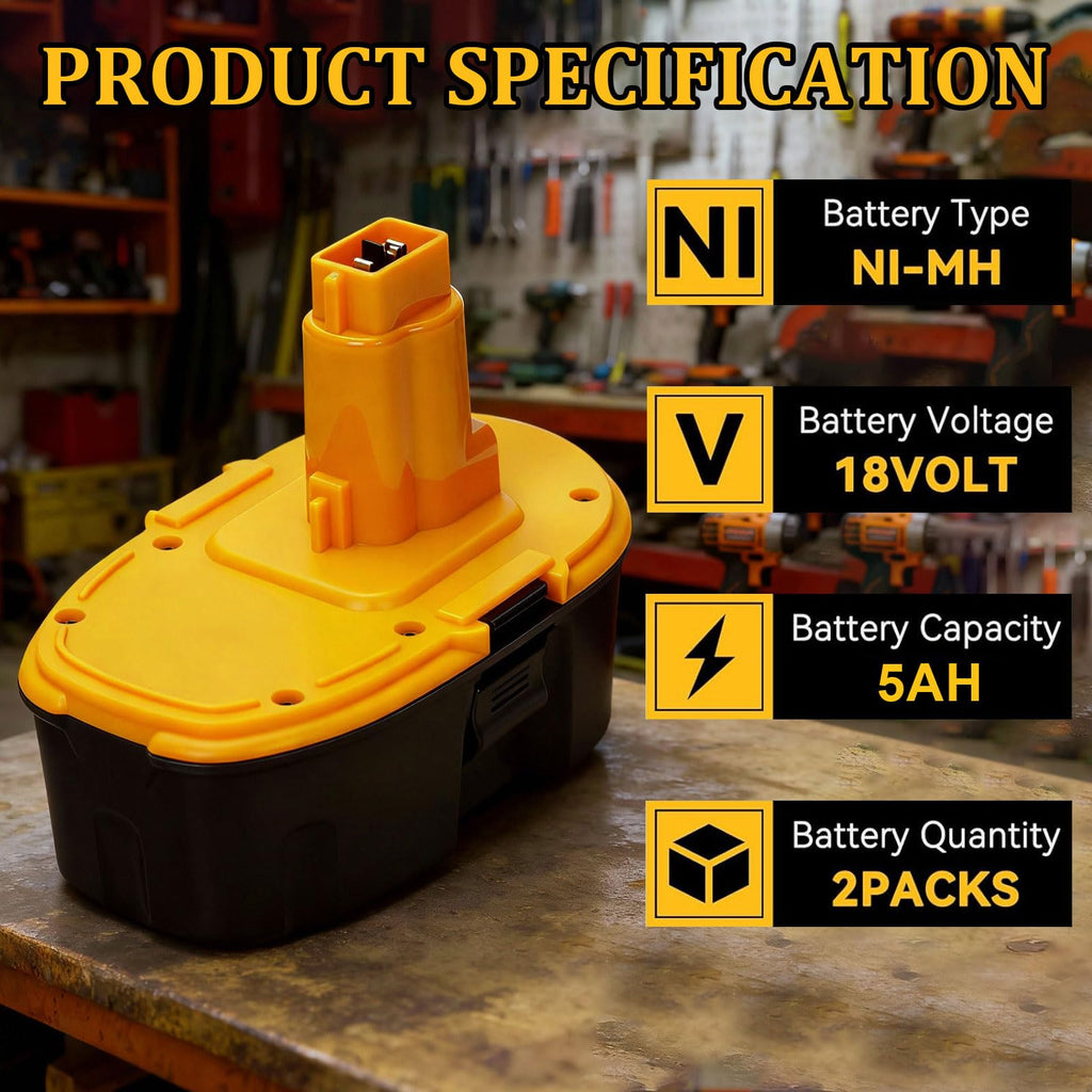 BATWAYPRO Upgraded 18V Replacement Battery for Dewalt 18V XRP Type Tools, 5.0Ah Ni-MH Battery 2-Pack Compatible with DC9096, DC9071, DE9096 DE9098,DW9071, DW9095, DW9096 Power Tools & Chargers
