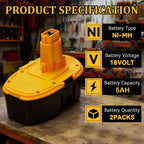 BATWAYPRO Upgraded 18V Replacement Battery for Dewalt 18V XRP Type Tools, 5.0Ah Ni-MH Battery 2-Pack Compatible with DC9096, DC9071, DE9096 DE9098,DW9071, DW9095, DW9096 Power Tools & Chargers