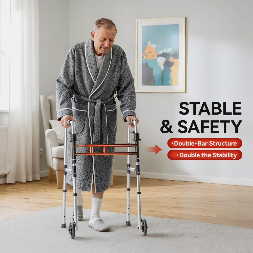 Loyoda Folding Walkers for Seniors，Medical Bariatric Walker Lightweight 5'' Front Wheel Walker Height and Width Adjustable Aluminum Standard Walker for Handicap