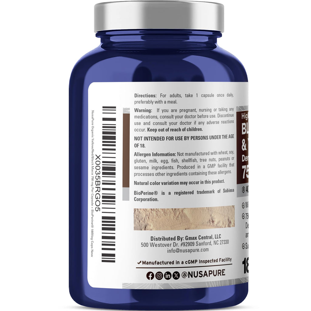 NusaPure Maca Root Black, Red, Yellow Capsules, 750 mg, 180 Veg Capsules (Non-GMO, Vegan)