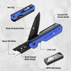 WORKPRO 2-in-1 Folding Knife/Utility Knife, Quick-Change Box Cutter with Belt Clip, Liner Lock, and G10 Handle, Extra 10 SK5 Blades Included, Blue