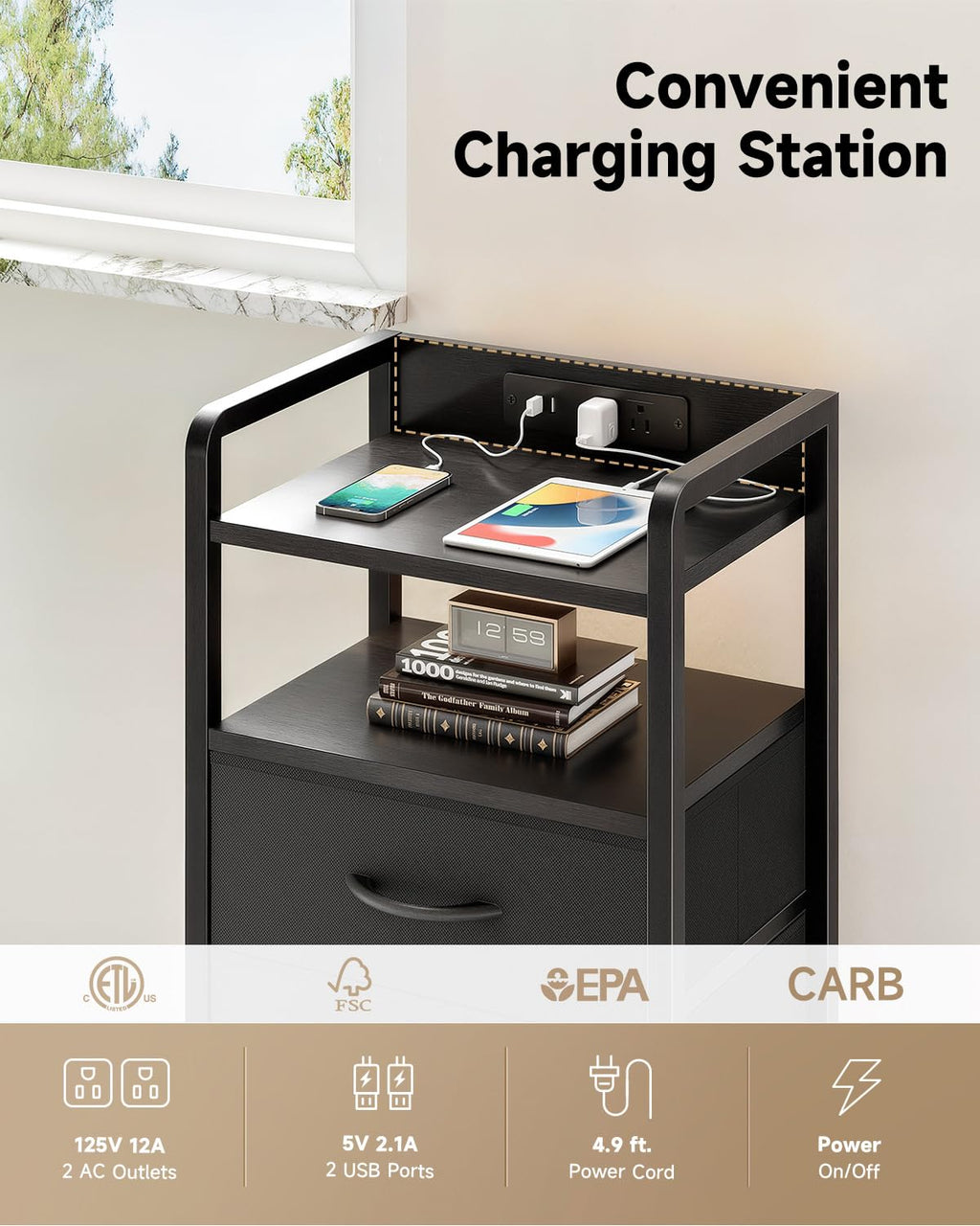 Lazzanto Nightstand with Rear Charging Station, LED Light, 2 Drawers, Black