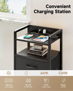 Lazzanto Nightstand with Rear Charging Station, LED Light, 2 Drawers, Black