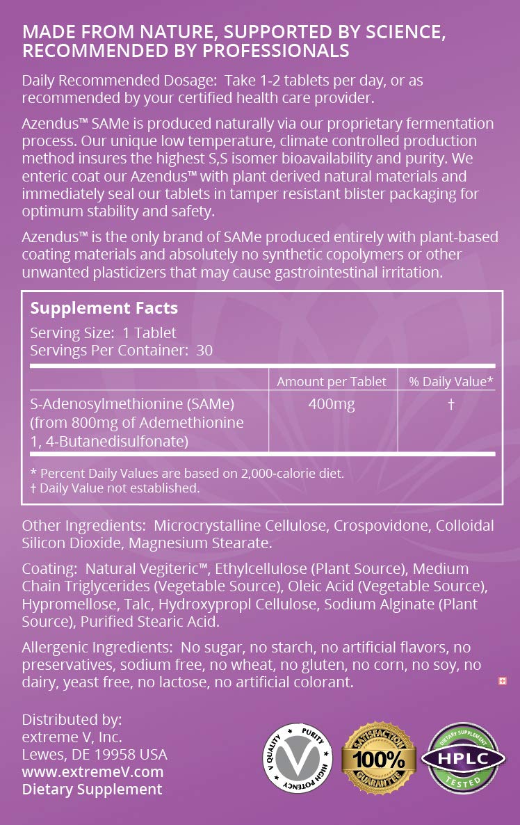 extreme V Azendus SAM-e Mood Support 400mg, 30 Count, Same Butanedisulfonate Fiber Enteric Coated Tablets