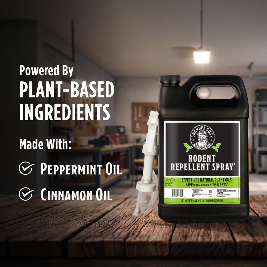 Grandpa Gus's Rodent Repellent Spray - Peppermint Oil and Cinnamon Oil Spray for Rodents & Mice - Plant-Based Mouse Deterrent for Cars, RVs, Garages & Indoor Spaces - Non-Staining Formula - 128 oz