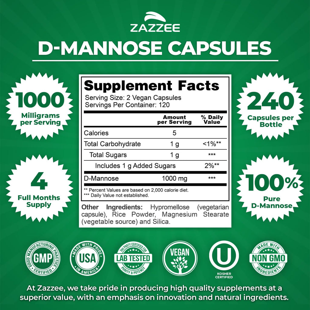 Zazzee D-Mannose, 1000 mg per Serving, 240 Vegan Capsules, 4 Month Supply, Potent & Fast-Acting, Certified Kosher, 100% Pure, All-Natural Urinary Tract Health Support, 100% Vegetarian, Non-GMO