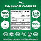 Zazzee D-Mannose, 1000 mg per Serving, 240 Vegan Capsules, 4 Month Supply, Potent & Fast-Acting, Certified Kosher, 100% Pure, All-Natural Urinary Tract Health Support, 100% Vegetarian, Non-GMO