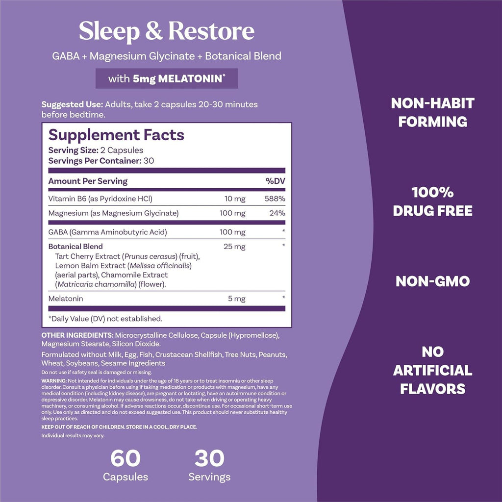 Natrol Sleep & Restore Capsules - Calm Magnesium Glycinate, Magnesium Sleep Aid with GABA, Melatonin 5mg, Botanical Blend, 30 Day Supply, 60 Count (Pack of 2)