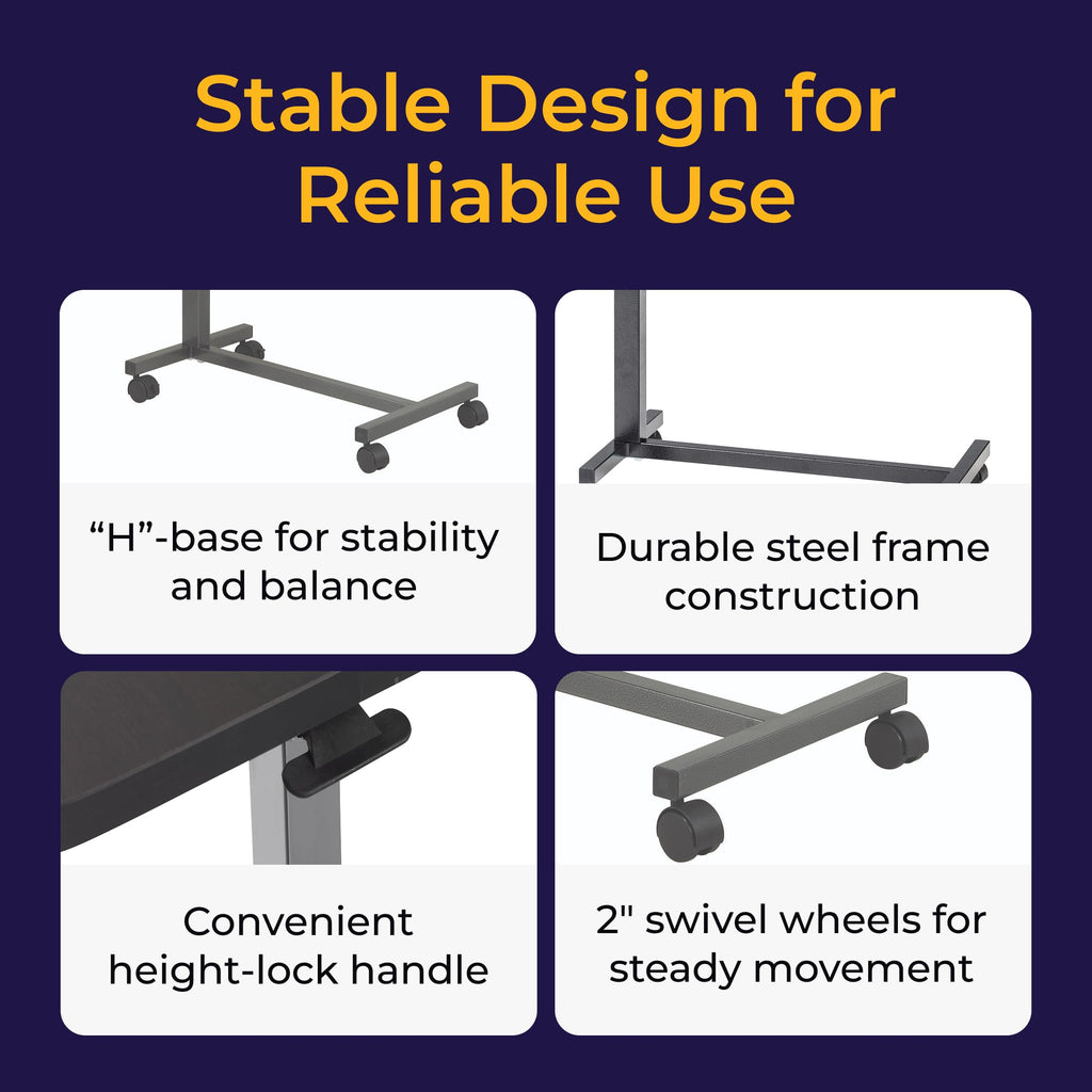 Drive Medical Overbed Table with Wheels - Secure Height Adjustment for Comfort - Non Tilt Surface - Smooth Rolling Design - Home & Hospital Use - Woodgrain Laminate Top - Silver Vein