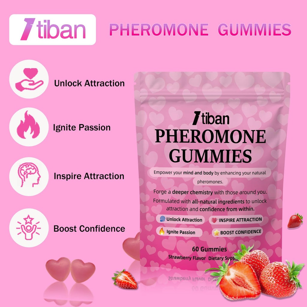 Itiban Pheromone Gummies for her, Women Slippery Elm, Enhance Charm, Supports Balance, Confidence & Social Vibe, Vegan, Non-GMO, Gluten-Free, Strawberry Flavor, 60 Gummies