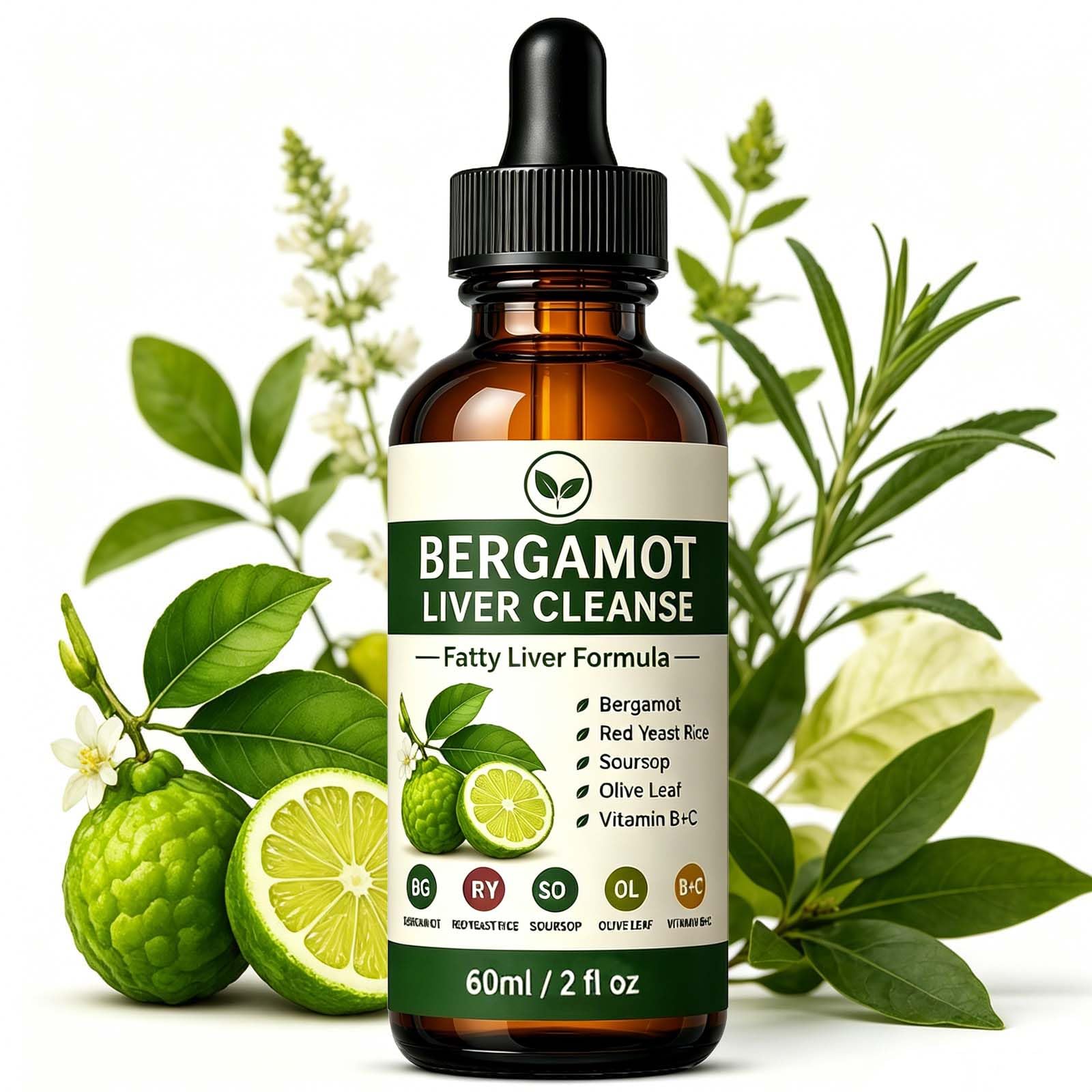 Bergamot Liver Cleanse Formula -with Citrus Bergamot,Olive Leaf, Garlic,Black Pepper Extract,Plant-Based Polyphenol Formula Complex Drops for Daily Digestive,Non-GMO, 2 fl oz (60 mL)
