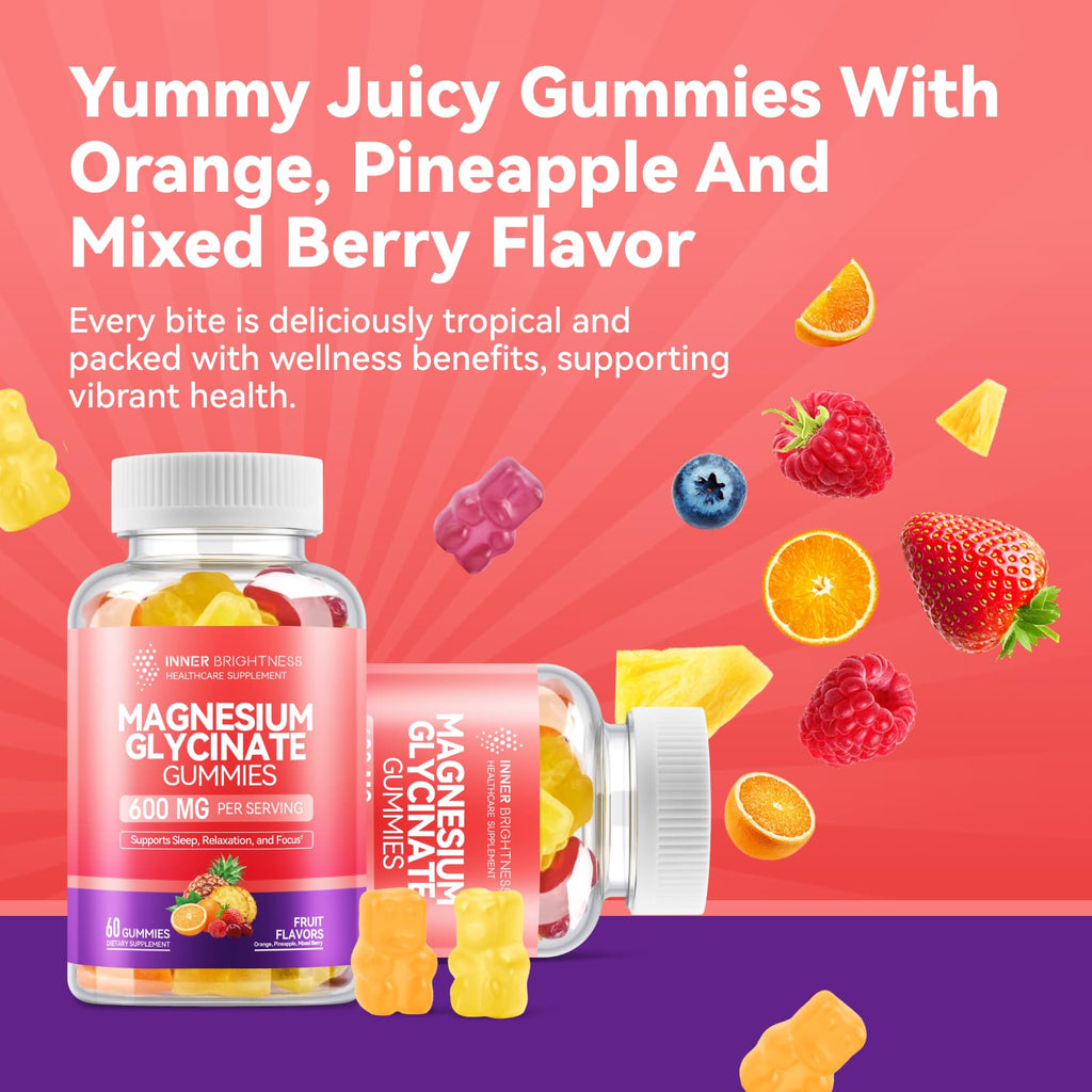 Magnesium Glycinate Gummies 600mg, Non-GMO, Gluten-Free, Magnesium Gummies for Adults & Kids, Sleep, Relaxation & Focus, 3 in 1 Flavor, 60 Count