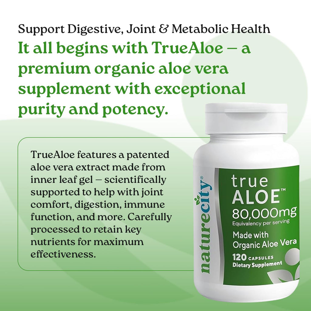 NatureCity True-Aloe Gut Health Support – 80,000mg Aloe Vera Gel Equivalent Per Serving – Organic Aloe Vera (120 Capsules) for Digestive, Skin & Joint Support | Small Easy-to-Swallow Pills