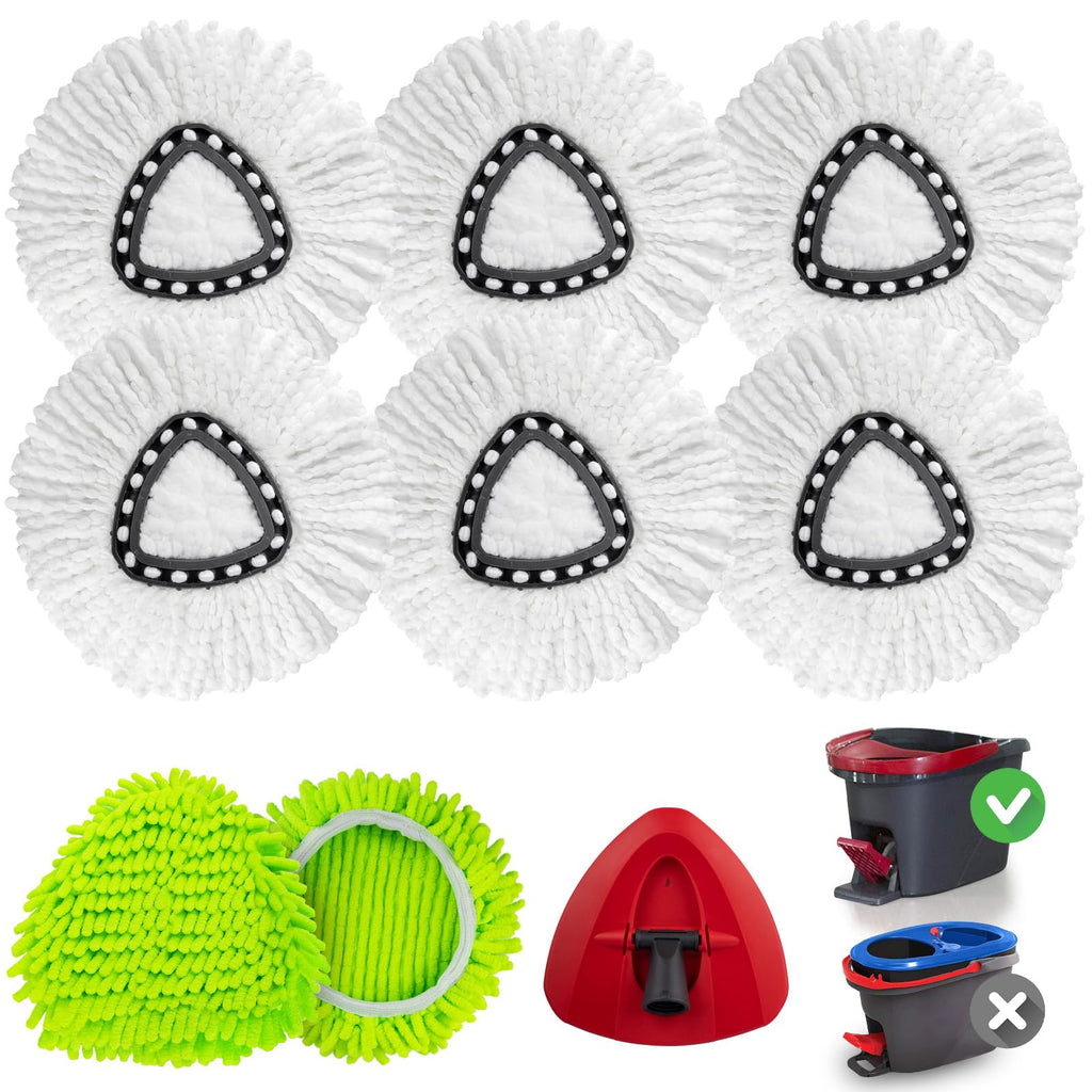 Spin Mop Replacement Heads Compatible with Ocedar EasyWring 1-Tank System, Duster Mop Head for Ocedar, 6 Pack Spin Mop Refills, 2 Pack Chenille Mop Pads, 1 Mop Base for deep Cleaning