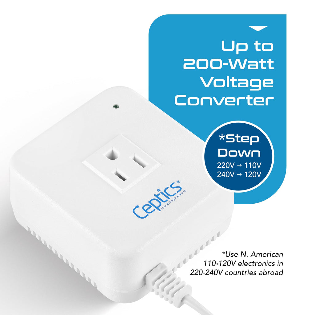 Ceptics 200 Watt Step Down Voltage Converter – Converts 220V/240V to 110V/120V – Ideal for Hair Straighteners, Laptops, and Chargers – CE Certified Travel Voltage Converter