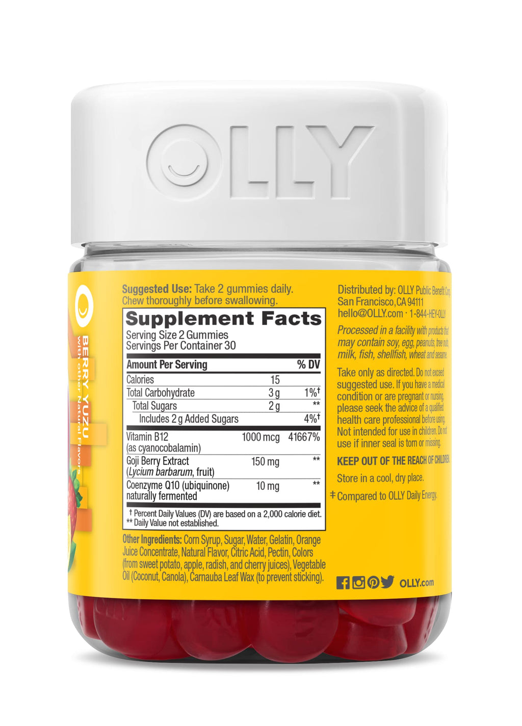 OLLY Extra Strength Daily Energy Gummy, Caffeine Free Cellular Energy Production,* 1000 mcg Vitamin B12, CoQ10, Goji Berry, Adult Chewable Supplement, Berry Yuzu Flavored, 30 Day Supply - 60 Count