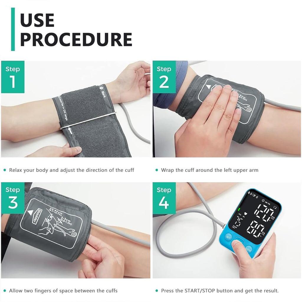 Blood Pressure Monitor Upper Arm Monitors for Home Use BP Machine with 2x120 Reading Memory Adjustable Arm Cuff 8.7"-15.7" Large Display with LED Background Light Storage Bag Light Blue