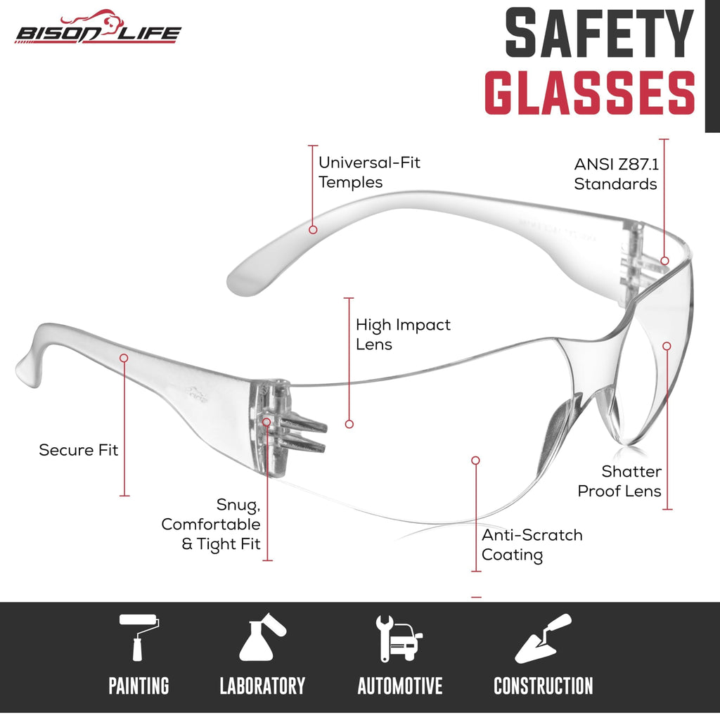 BISON LIFE Black Safety Glasses – Case of 144 Pairs of Scratch Resistant Eyewear, Polycarbonate Impact Resistant Lens