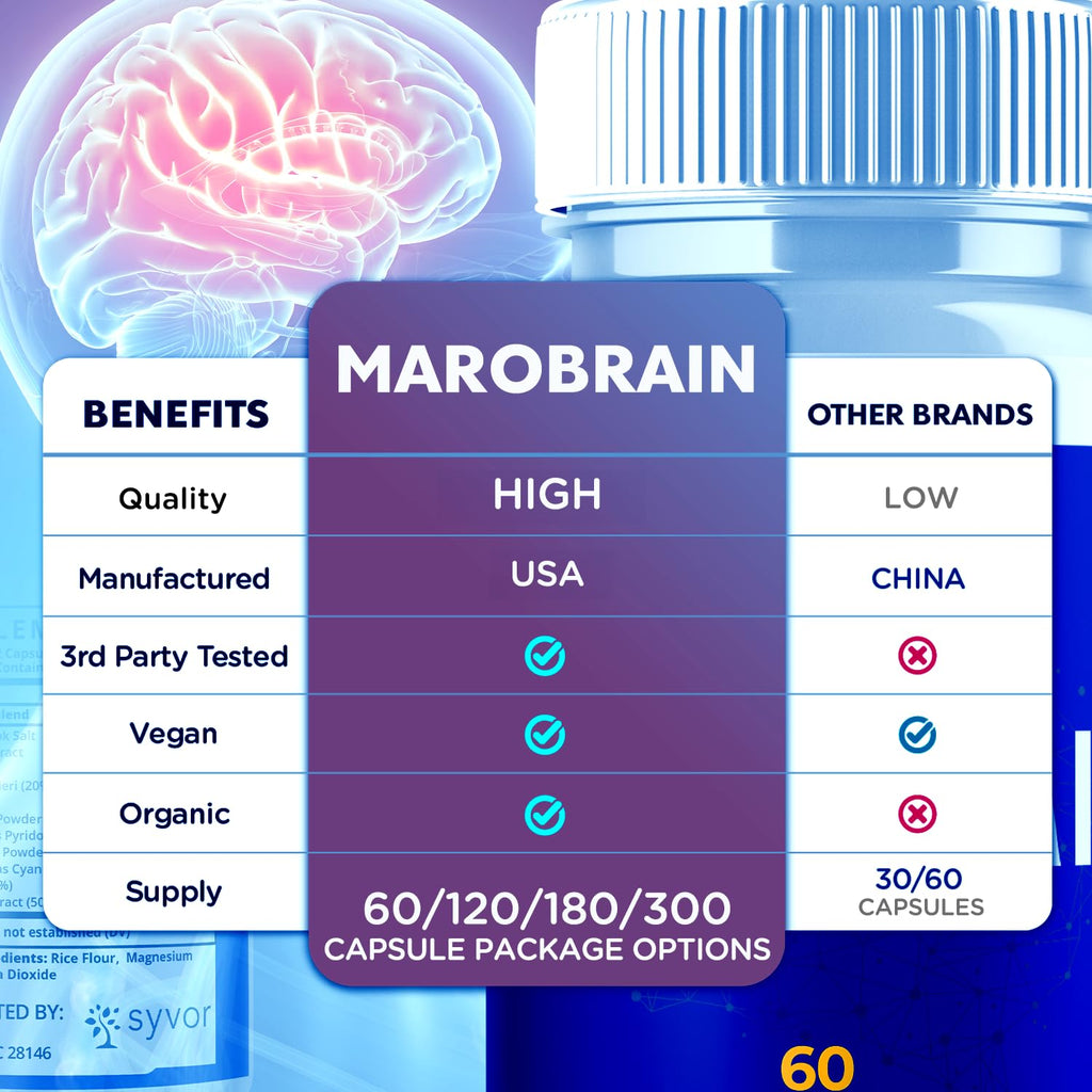 (3 Pack) Marobrain Capsules, Official Marobrain Pills with All Natural Ingredients, Advanced Formula Brain Health Support Supplement with Max Strength Premium Vitamins for Women & Men (180 Capsules)