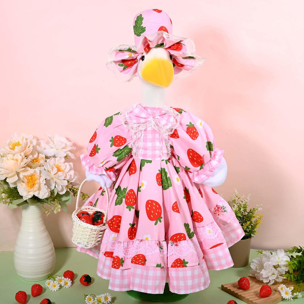 Strawberry Porch Goose Outfits Summer Lolita Goose Outfit Cute Lawn Goose Clothes with Hat Basket Strawberry Geese Accessories Fits 23" Cement Plastic Goose Statue for Outdoor Garden Yard Patio Decor