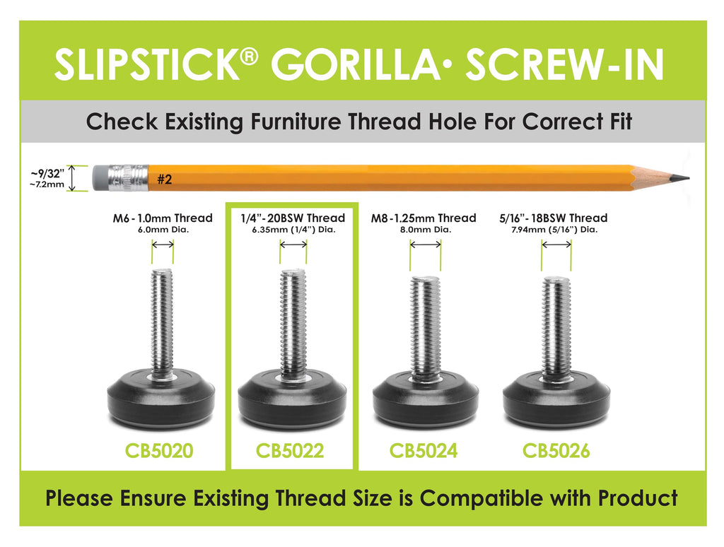 Slipstick Gorilla Outdoor Adjustable Furniture Levelers (8 Pack) Weatherproof Screw in Leg Glides for Chairs, Tables, and Outdoor Furniture Feet, 1-1/8 Inch Slider Glide, 1/4"-20 BSW Thread
