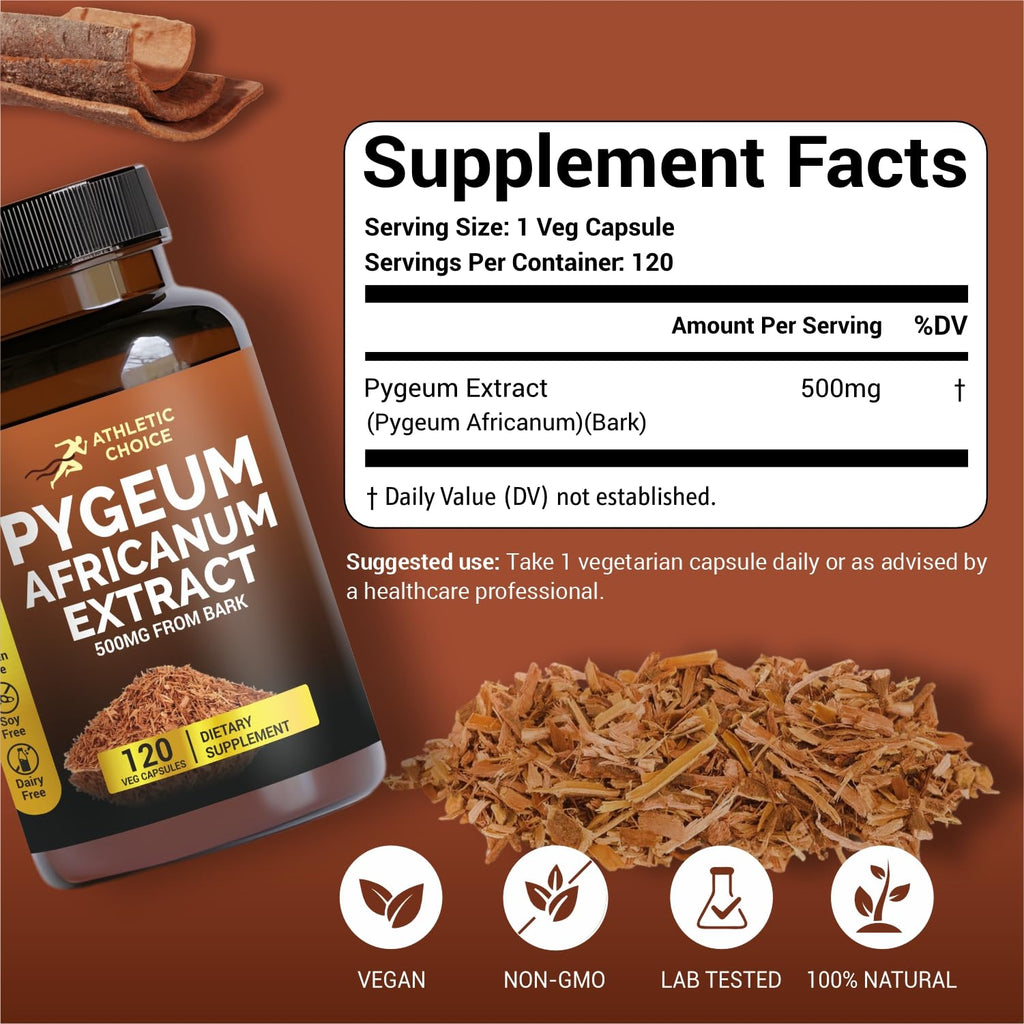 Athletic Choice Pygeum Africanum 500mg Bark Extract, 120 Capsules, Non-GMO & Gluten-Free Extra Strength Pygeum Supplement for Men and Women