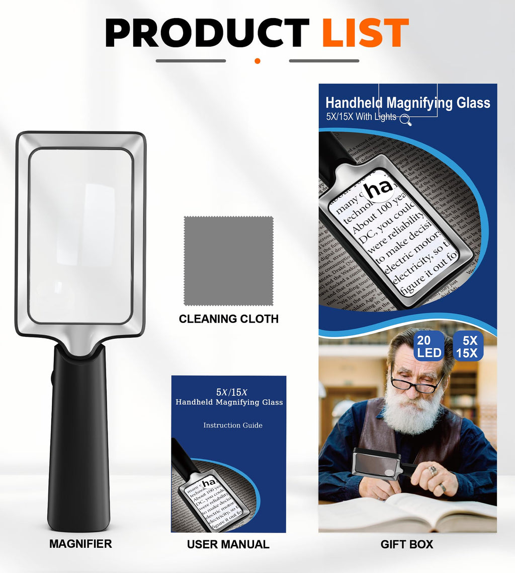 Magnifying Glass with Light, 20 LED Large Handheld Lighted Magnifier Rectangle Illuminated Magnifying Glass for Seniors Reading, Low Vision, Close Work & Inspection