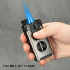 All in One Jet Flame Butane Torch Lighter Built-in Cutter V Cut, Punch, Holder Function, Draw Enhancer Tool, Refillable and Adjustable Windproof Gas Lighter, Black and Grey (Sold Without Gas)