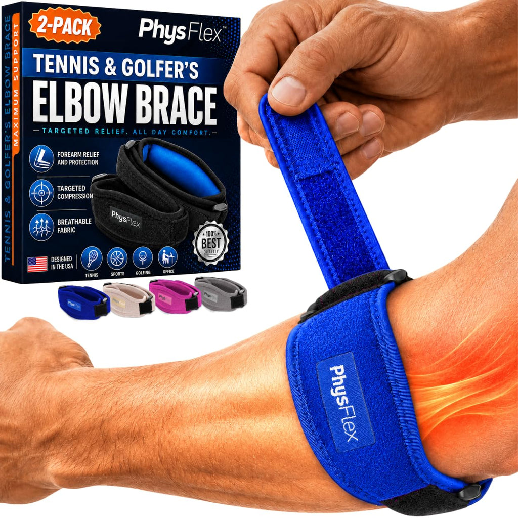 PhysFlex 2-Pack Elbow Brace for Men & Women, Adjustable Tennis & Golfer's Elbow Support Strap for Tendonitis Pain Relief - Compression Pad for Arm, Forearm, Tendon Pain Relief (Blue)
