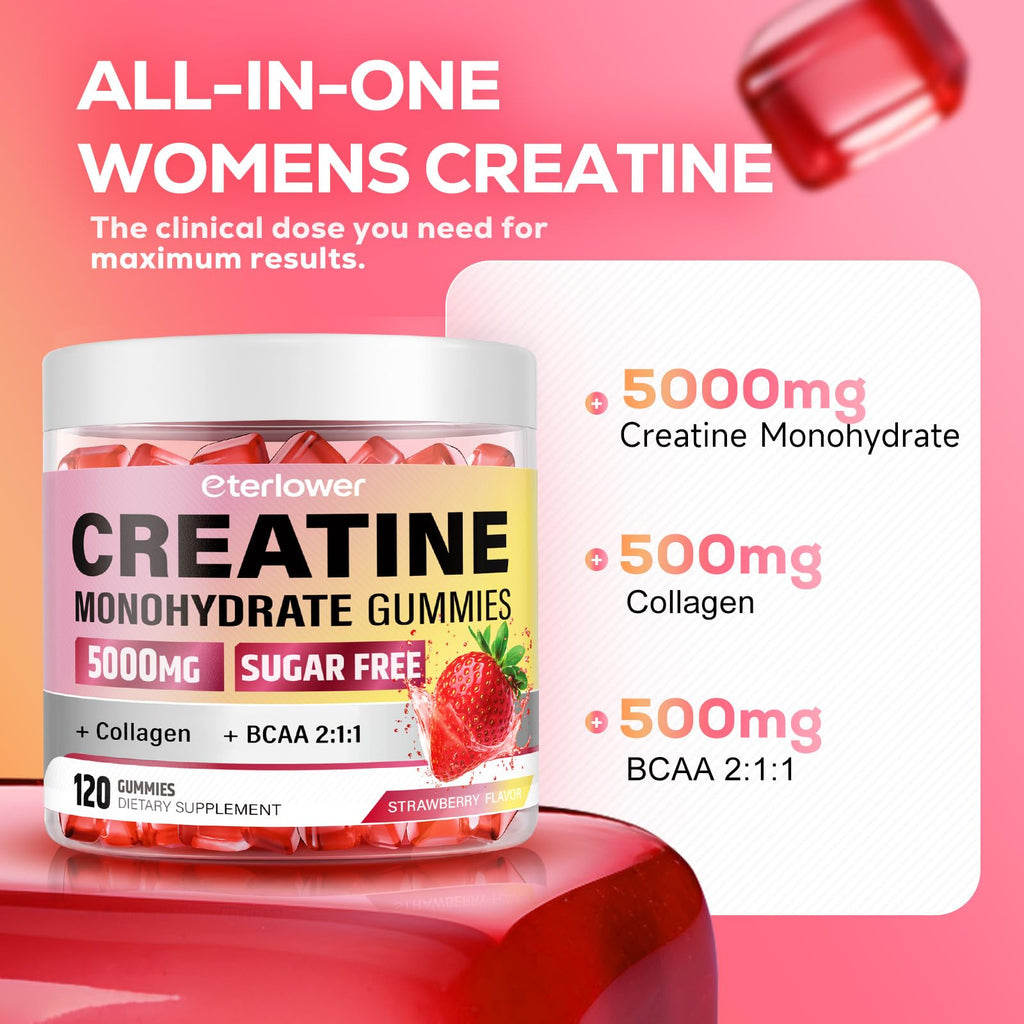 eterlower Creatine Monohydrate Gummies, 5g Creatine Gummies for Women & Men.Pre-Workout & Muscle Growth Support, Contains BCAA, Collagen, Sugar-Free, 120 Count
