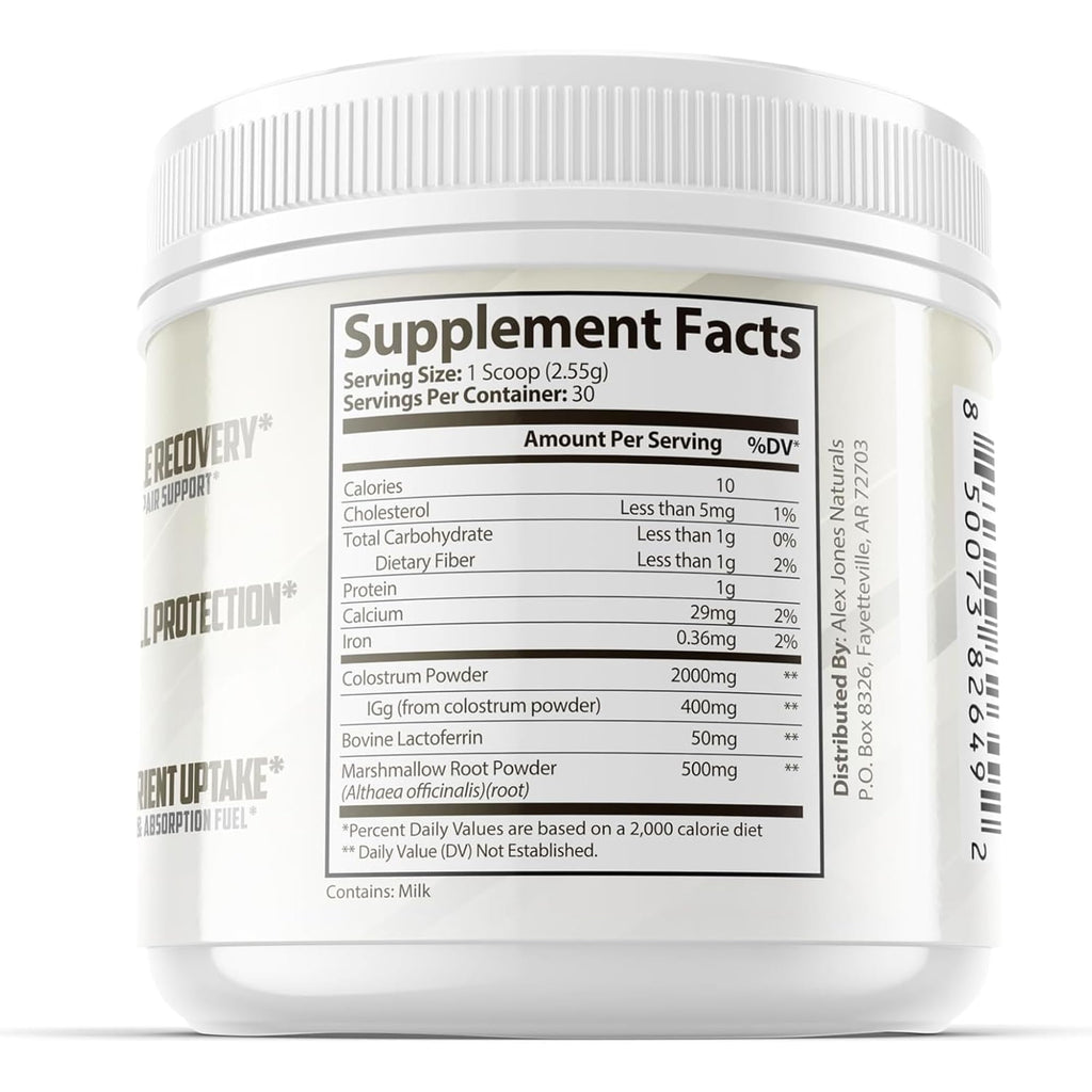 Alex Jones Naturals Bovine Colostrum Powder 20% IgG with IgM & IGA – Gut Health & Immune Support Supplement with Lactoferrin & Marshmallow Root – Non-GMO, GMP Certified, Made in USA – 30 Servings