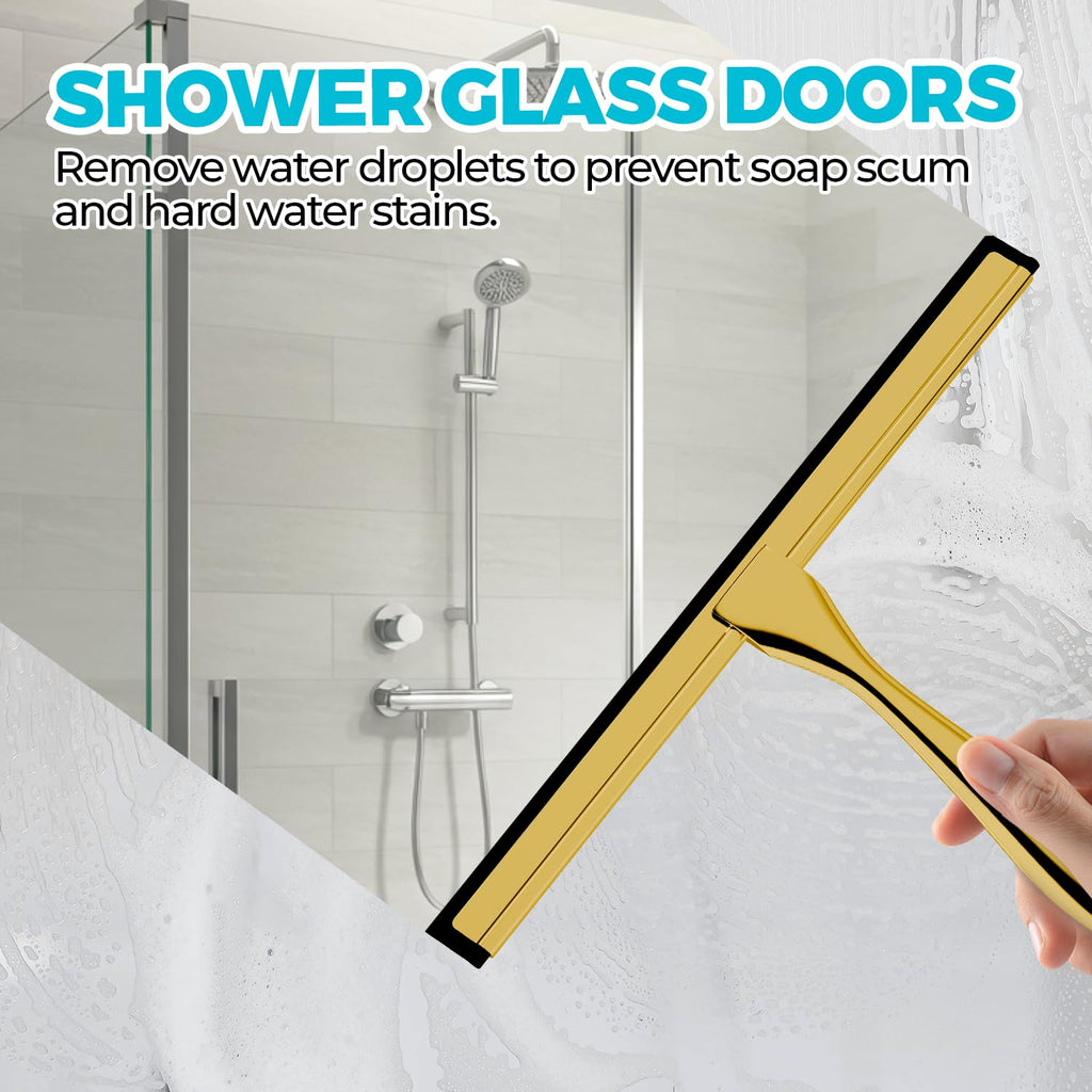 ALFLOD 2PACK 12-Inch Golden All-Purpose Shower Squeegee for Shower Doors, Bath Linen Sets, Tile Shower Walls, Bathroom, Window, Glass and Car Windshield, Mirrors and Kitchen-Stainless Steel