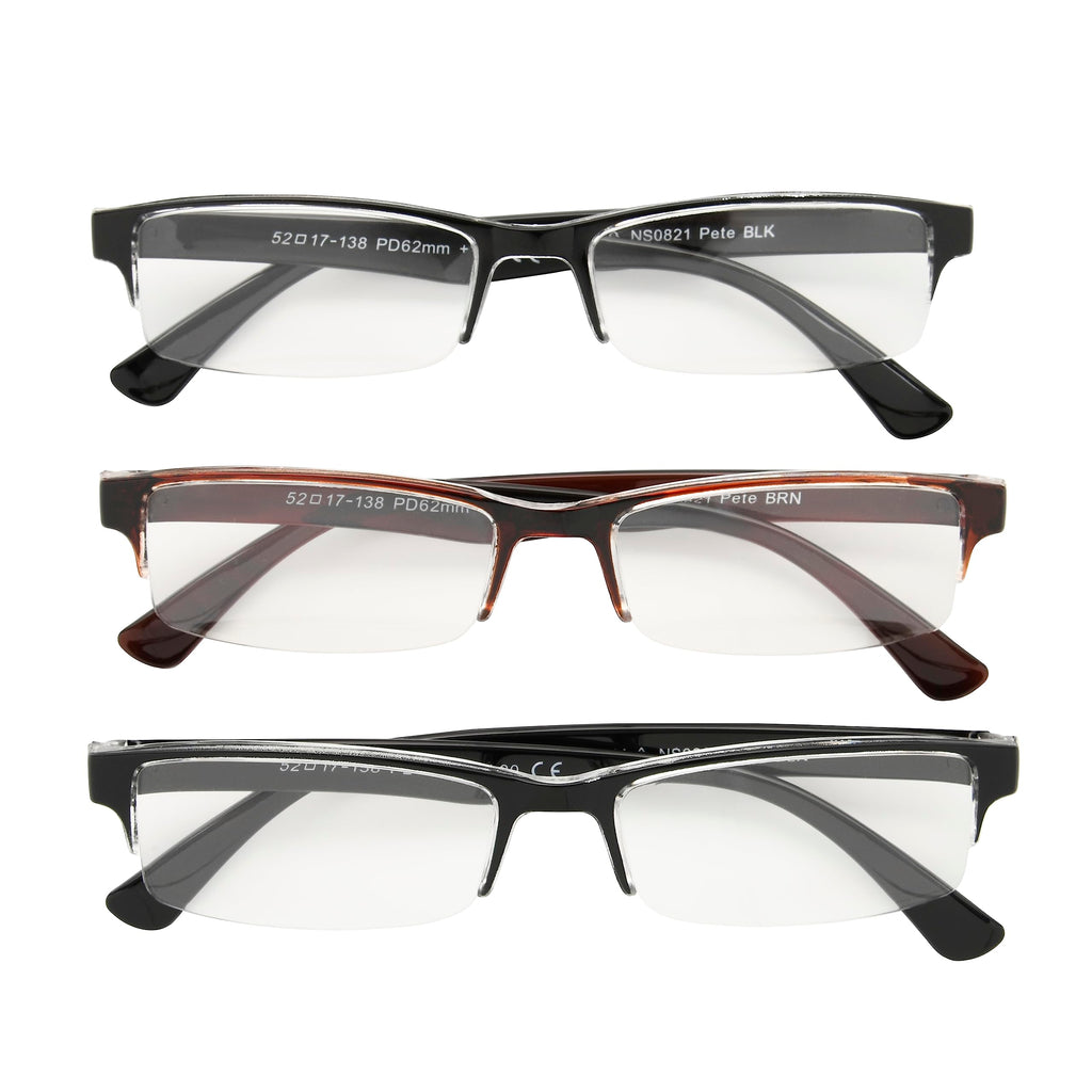 Foster Grant Men's Pete Rectangular Reading Glasses, Black and Brown, 3 Pack, 2x