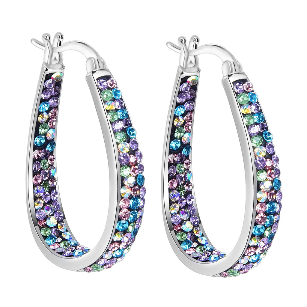 Crystal Hoop Earrings - Silver Plated Inside Out Oval Shape Hoop Earrings for Women, 1.2 Inch (Multiple B)