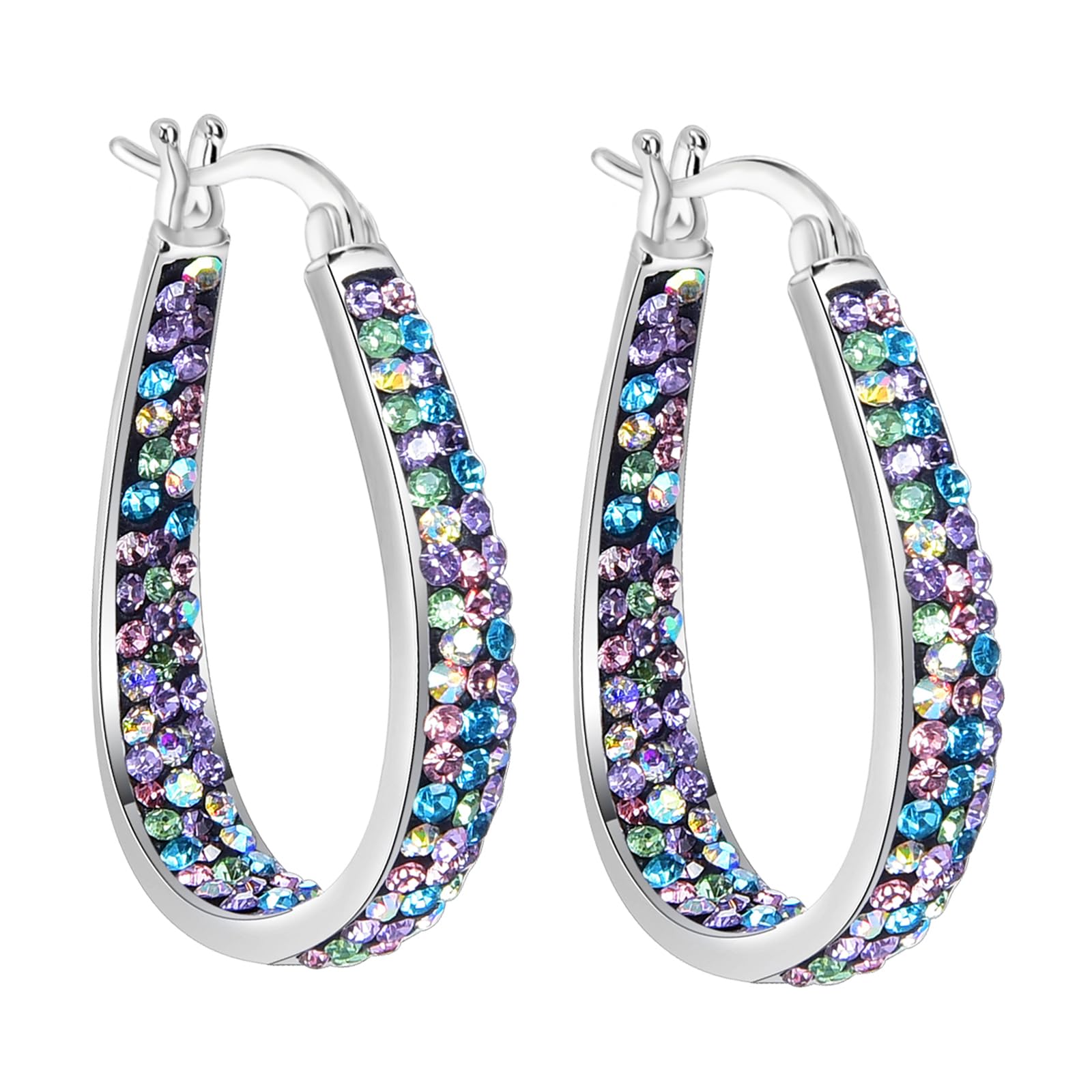 Crystal Hoop Earrings - Silver Plated Inside Out Oval Shape Hoop Earrings for Women, 1.2 Inch (Multiple B)