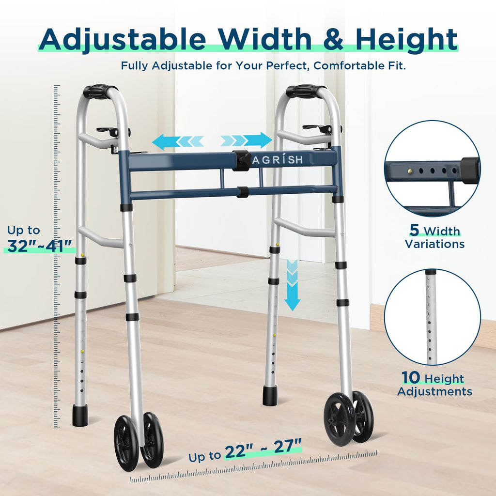 Folding Narrow Walker for Seniors – Width & Height Adjustable Walker, Lightweight Standard Walker for Elderly, Walkers for Seniors, Disabled, Bariatric
