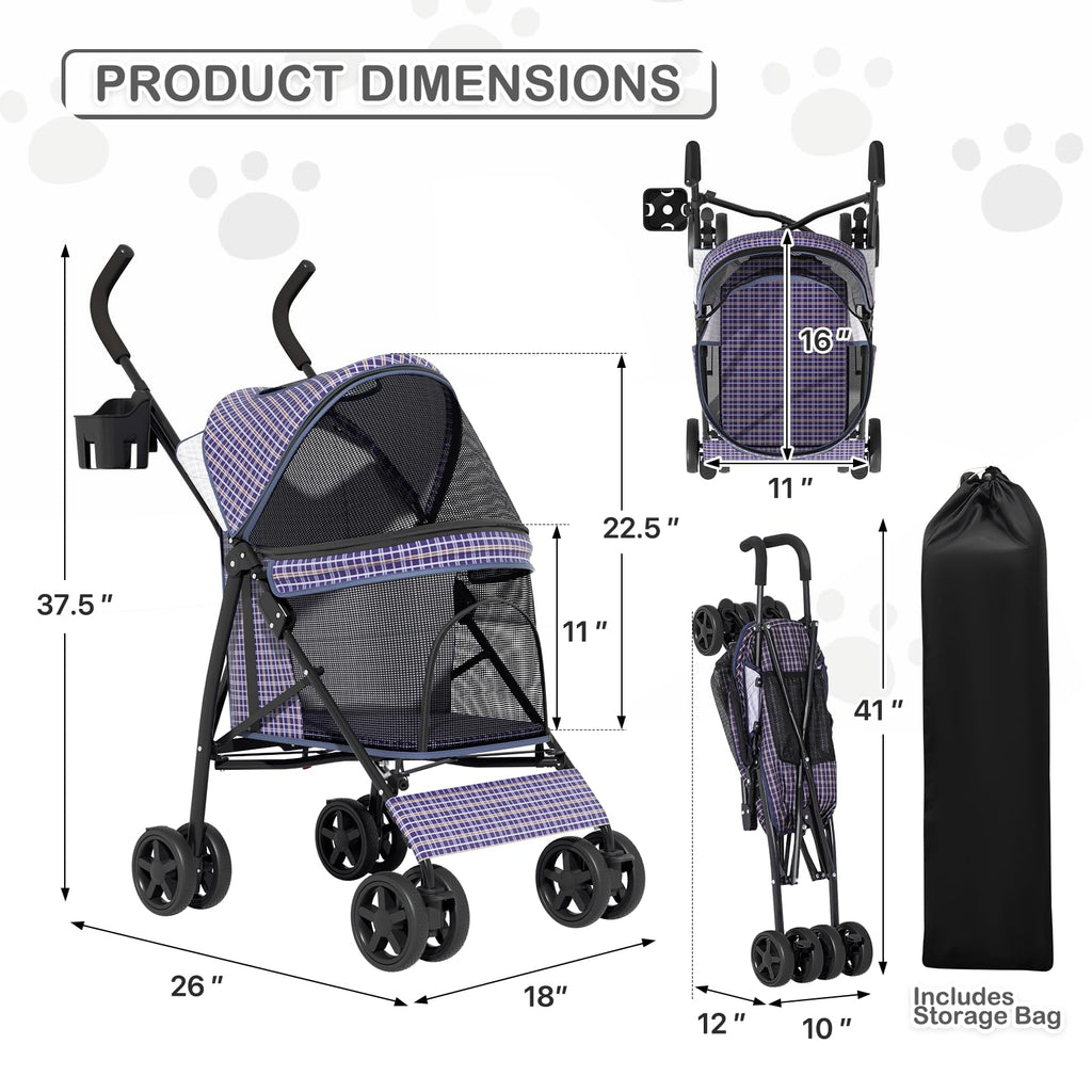 MoNiBloom 4 Wheels Pet Stroller, Easy-Fold Umbrella Shaped Dog Cat Jogger Stroller w/Storage Bag & Visible Mesh for Small/Medium Dogs Cats Plaid